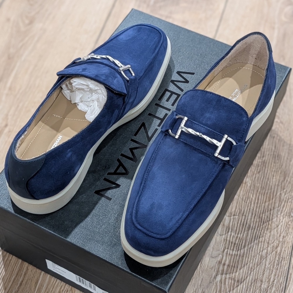 $575 Stuart Weitzman "Aurelio" Slip On Suede Loafers Navy 44 US 11